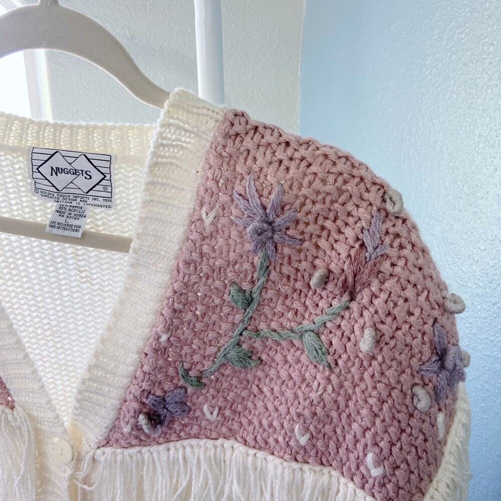 Vintage Cream with Pink Purple Floral Knit Sweater Cardigan Fringe - Picture 4 of 7